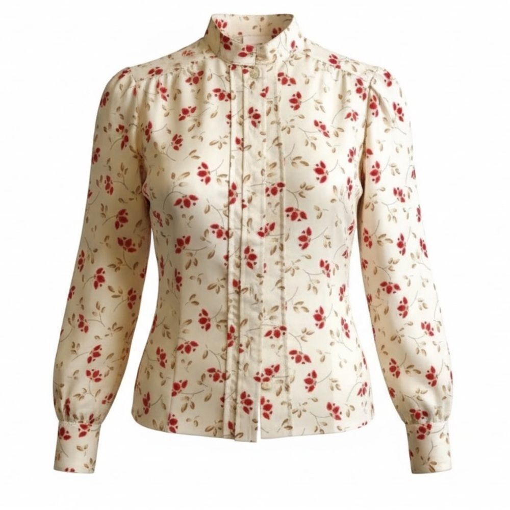 Vintage College Town Women’s Off White Long Sleeve Button Down Floral Blouse - L